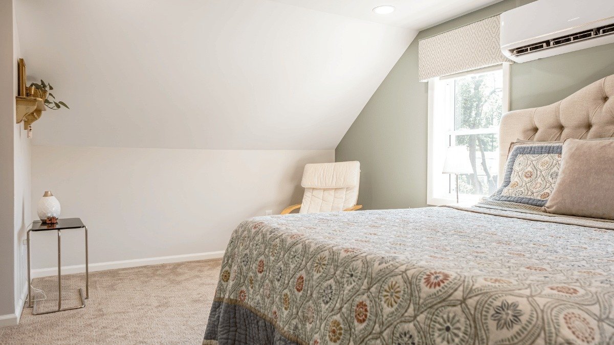 second story home addition bedroom project in Riverside Park Lansing Michigan built by Custom Built Design and Remodeling with HVAC split system and natural light
